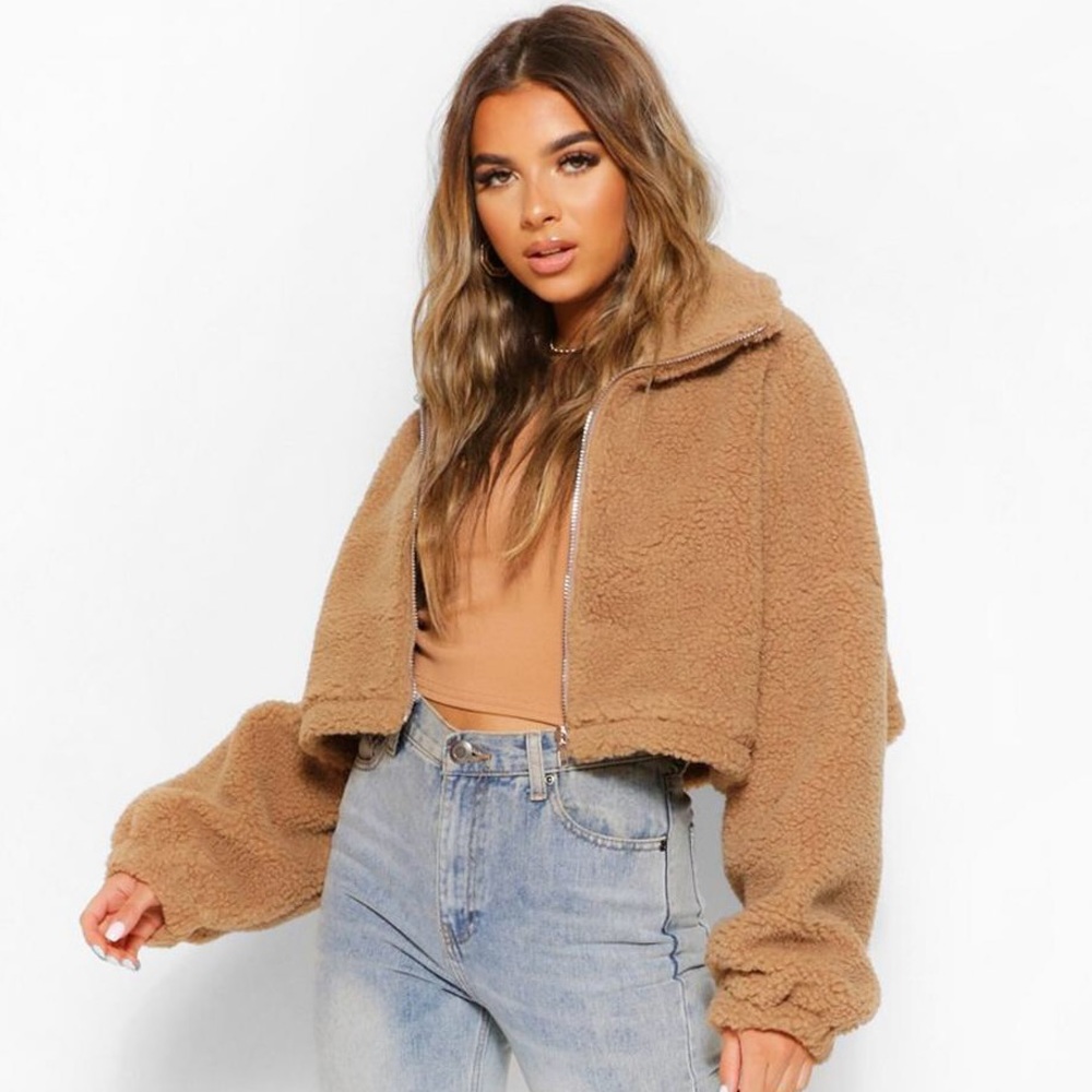 Boohoo Petite Black Teddy Oversized Bomber Jacket